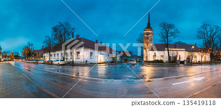 Kuressaare, Estonia. Kuressaare St. Lawrence Church In Blue Hour Evening Night. Street 135419118