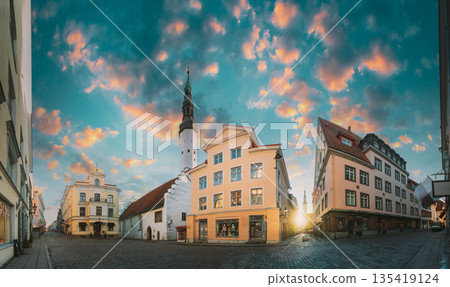 Tallinn, Estonia. Tower Of Church Of Holy Ghost Or Holy Spirit In Sunny Morning. Destination Scenic. UNESCO World Heritage Site. Popular And Famous Place. Panorama, Panoramic View 135419124