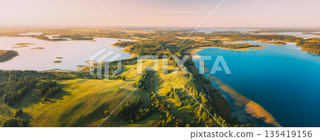 Braslaw Or Braslau, Vitebsk Voblast, Belarus. Aerial View Of Voyso Lake And Nyespish Lake In Sunny Autumn Morning. Top View Of Beautiful European Nature From High Attitude. Bird's Eye View. Panorama 135419156