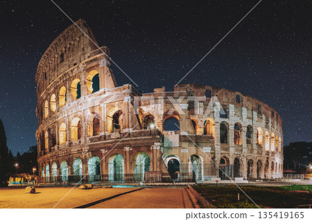 Rome, Italy. Colosseum Also Known As Flavian Amphitheatre In Evening Or Night Time. 135419165