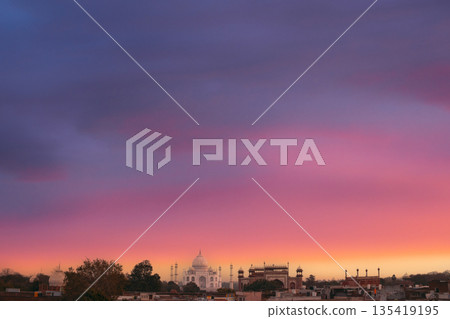 Taj Mahal in Agra, Uttar Pradesh, India. Seven 7 world wonders. Fabulous Taj mahal travel concept. indian islamic heritage at sunrise early morning. nobody 135419195