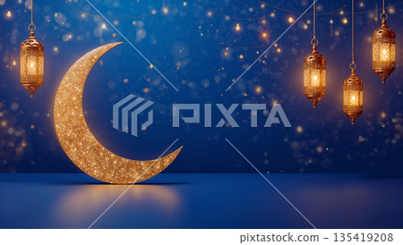 Glittering Crescent Moon With Lanterns Hanging in a Dark Blue Night Sky 135419208
