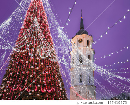 Vilnius, Lithuania. Christmas Tree On Background Bell Tower Belfry Of Vilnius Cathedral In Evening New Year Christmas Xmas Illuminations. Unesco World Heritage Site Vilnius, Lithuania. Christmas Tree On Background Bell Tower Belfry Of Vilnius Cathedral In Evening New Year Christmas Xmas Illuminations. Unesco World Heritage Site 135419373