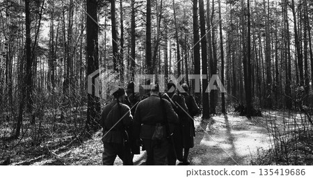 Historical Re-enactment Black And White . 4K Squad Men Dressed A 135419686