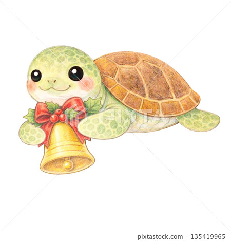 【聖誕節】色鉛筆插畫,一隻海龜叼著鈴鐺 【聖誕節】色鉛筆插畫,一隻海龜叼著鈴鐺 135419965
