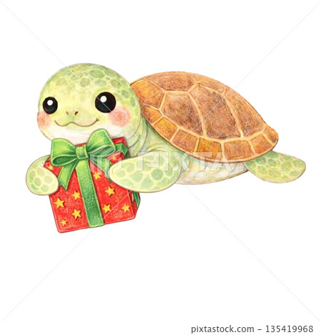 【聖誕節】色鉛筆插畫,一隻海龜叼著一份禮物 【聖誕節】色鉛筆插畫,一隻海龜叼著一份禮物 135419968
