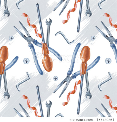 Seamless pattern with men's repair tools and gray paint strokes on an isolated background. Watercolor illustration. A template with a screwdriver, pliers, electrical tape, a wrench for packaging and Seamless pattern with men's repair tools and gray paint strokes on an isolated background. Watercolor illustration. A template with a screwdriver, pliers, electrical tape, a wrench for packaging and 135420261