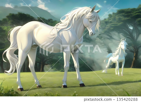 A refreshing meadow where a majestic white horse stands, and light that brings good fortune and hope 135420288