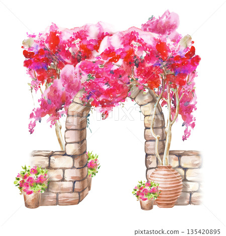 Watercolor composition with a stone brown arch, a bush of lush pink bougainvillea and ceramic pots. Illustration on an isolated background. Realistic clipart with traditional Mediterranean Watercolor composition with a stone brown arch, a bush of lush pink bougainvillea and ceramic pots. Illustration on an isolated background. Realistic clipart with traditional Mediterranean 135420895