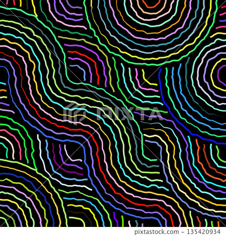 An abstract pattern of multi-colored concentric circles that creates a holographic effect. Vibrant color transitions and smooth lines give the image a dynamic and hypnotic style. An abstract pattern of multi-colored concentric circles that creates a holographic effect. Vibrant color transitions and smooth lines give the image a dynamic and hypnotic style. 135420934