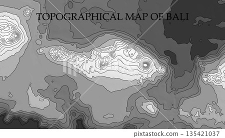 Topographic map in black and white. Geographic relief of mountains and ocean floor in vector illustration. Texture of topographic image. Graphic contour lines of height. Bali, Indonesia culture, Topographic map in black and white. Geographic relief of mountains and ocean floor in vector illustration. Texture of topographic image. Graphic contour lines of height. Bali, Indonesia culture, 135421037