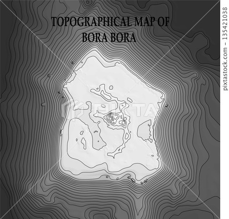 Topographic map in black and white. Geographic relief of mountains and ocean floor in vector illustration. Texture of topographic image. Graphic contour lines of height. Bora Bora, French Polynesia, 135421038
