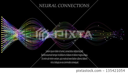 Abstract vector visualization of neural connections. Thin colored lines connect nodes, creating a dynamic flow of information. Gradients and glowing dots highlight the learning process of the neural Abstract vector visualization of neural connections. Thin colored lines connect nodes, creating a dynamic flow of information. Gradients and glowing dots highlight the learning process of the neural 135421054