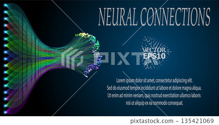 An abstract image of a data stream forming the silhouette of a human head. The glowing lines symbolize the neural network and information processing, creating a futuristic and technological style. 135421069