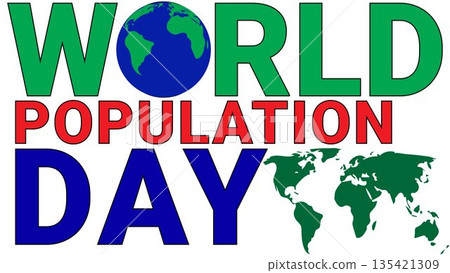 World Population Day Banner with Large Blue Text, Red Typography, Green Earth Icon, and World Map Silhouette on a White Background 135421309