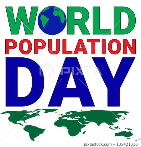 World Population Day Typography Graphic with Earth Globe, Green and Blue Text, and Dark Green World Map Silhouette on White Background 135421310