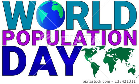 World Population Day Banner with Blue Text, Red Typography, Green Earth Icon, and World Map Silhouette on a White Background 135421311