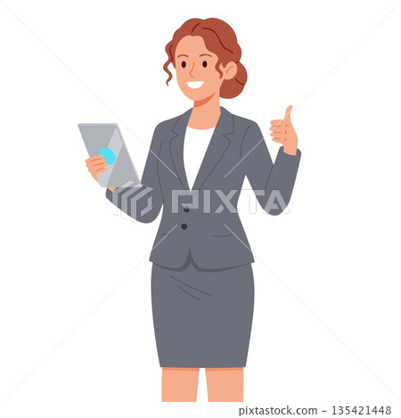 Professional female character. Woman businessperson standing with tablet in hands. Smiling dressed in casual business suit. Professional female character. Woman businessperson standing with tablet in hands. Smiling dressed in casual business suit. 135421448