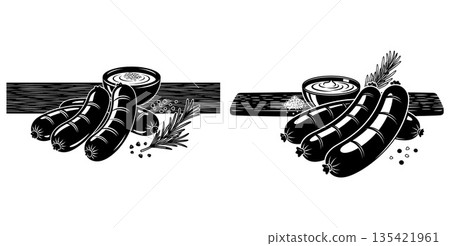 Gourmet Sausages With Dip Rosemary And Spices On Wooden Board Gourmet Sausages With Dip Rosemary And Spices On Wooden Board 135421961