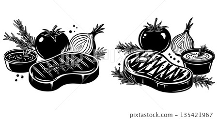 Grilled steak with fresh rosemary, onions, tomatoes, and dipping sauce presented artistically Grilled steak with fresh rosemary, onions, tomatoes, and dipping sauce presented artistically 135421967