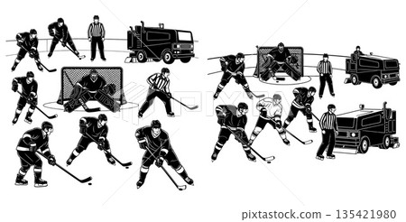 Hockey players and referees on ice with Zamboni machines in dynamic black and white illustrations Hockey players and referees on ice with Zamboni machines in dynamic black and white illustrations 135421980