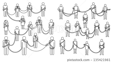Human chain and connections with rope showing teamwork and linkage Human chain and connections with rope showing teamwork and linkage 135421981