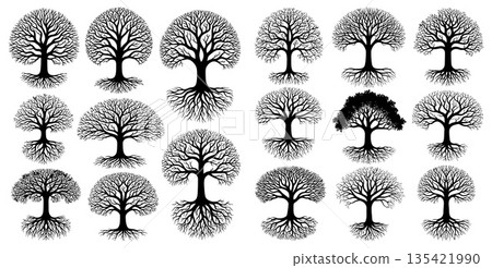 Intricate black silhouette trees with visible root systems arranged in a grid pattern 135421990