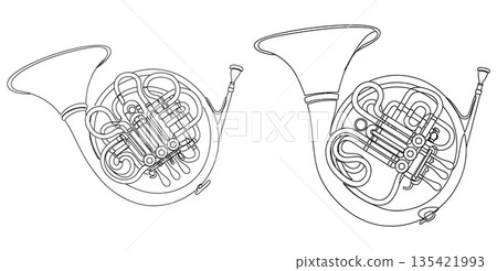Line art illustrations of two French horns with their intricate tubing and valves 135421993