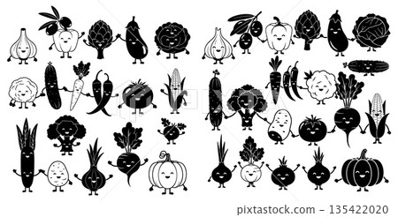 A diverse collection of cheerful anthropomorphic vegetables and fruits in silhouette 135422020