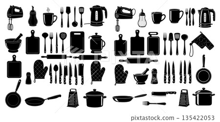 Assortment of kitchen utensils including mixers graters pots pans and knives 135422053