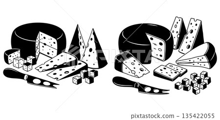 Assortment of Swiss cheese wedges cubes and cheese knives illustrated in black and white 135422055