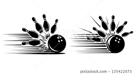 Bowling ball striking pins with motion streaks and impact lines in black and white Bowling ball striking pins with motion streaks and impact lines in black and white 135422073