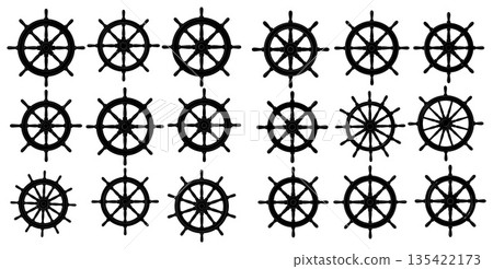 Collection of black ship steering wheels with various spokes and handles 135422173