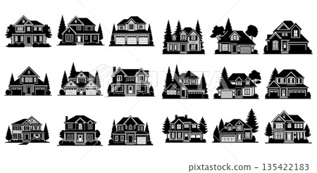 Collection of Black Silhouette Houses with Trees and Garages 135422183