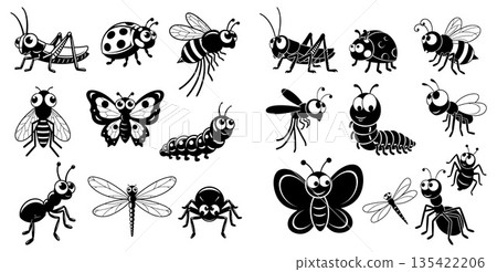 Collection of charming cartoon insects including butterflies, bees, ants, and spiders 135422206