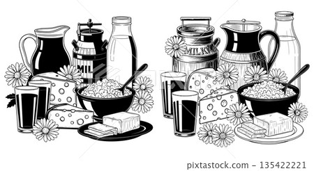 Collection of dairy products including cheese, milk jugs, cottage cheese, and butter with daisies 135422221