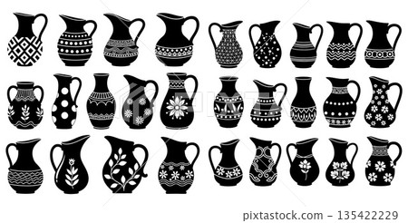 Collection of decorative black pitchers with various patterns and floral designs Collection of decorative black pitchers with various patterns and floral designs 135422229