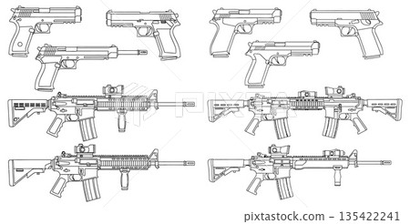 Collection of detailed line drawings of firearms including pistols and assault rifles 135422241