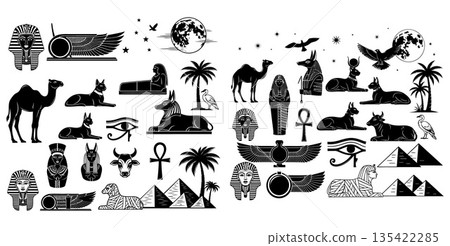 Collection of Egyptian symbols including pharaohs camels pyramids ankhs and animals 135422285