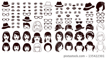Collection of female hairstyles eyes lips hats and glasses icons 135422301