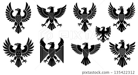 Collection of heraldic black eagle emblems and symbols with spread wings and various designs 135422312