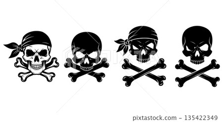 Collection of pirate skull and crossbones emblems in black and white 135422349