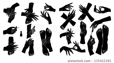 Collection of silhouette hands and feet demonstrating nail care and polish application 135422391