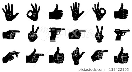 Collection of Silhouetted Hand Gestures and Pistol Icons 135422395