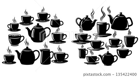 Collection of steaming coffee and tea cups with teapots for hot beverages 135422400