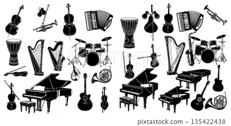 Collection of various musical instruments including pianos guitars violins drums and more Collection of various musical instruments including pianos guitars violins drums and more 135422438