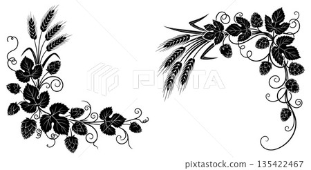 Decorative border design featuring wheat ears and hop vines with swirling vine elements 135422467