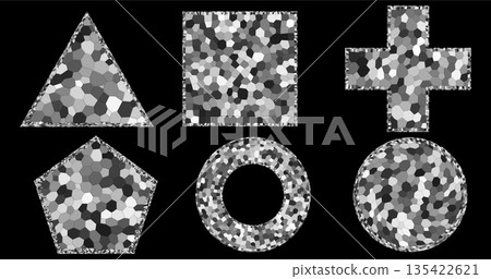 Black and white geometric shapes with a mosaic pattern. The effect resembles stained glass or pixel texture, creating a stylish abstraction with clear boundaries and contrasting shades. 135422621