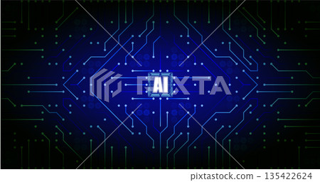 Central microchip with inscription in the center of the digital circuit. Deep blue background with neon lines and glowing dots creates an atmosphere of high technology and artificial intelligence. 135422624