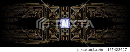 Technological pattern with a central processor. Golden lines of the circuits create a high-tech style, conveying the atmosphere of advanced technologies, artificial intelligence and cybernetics. 135422627